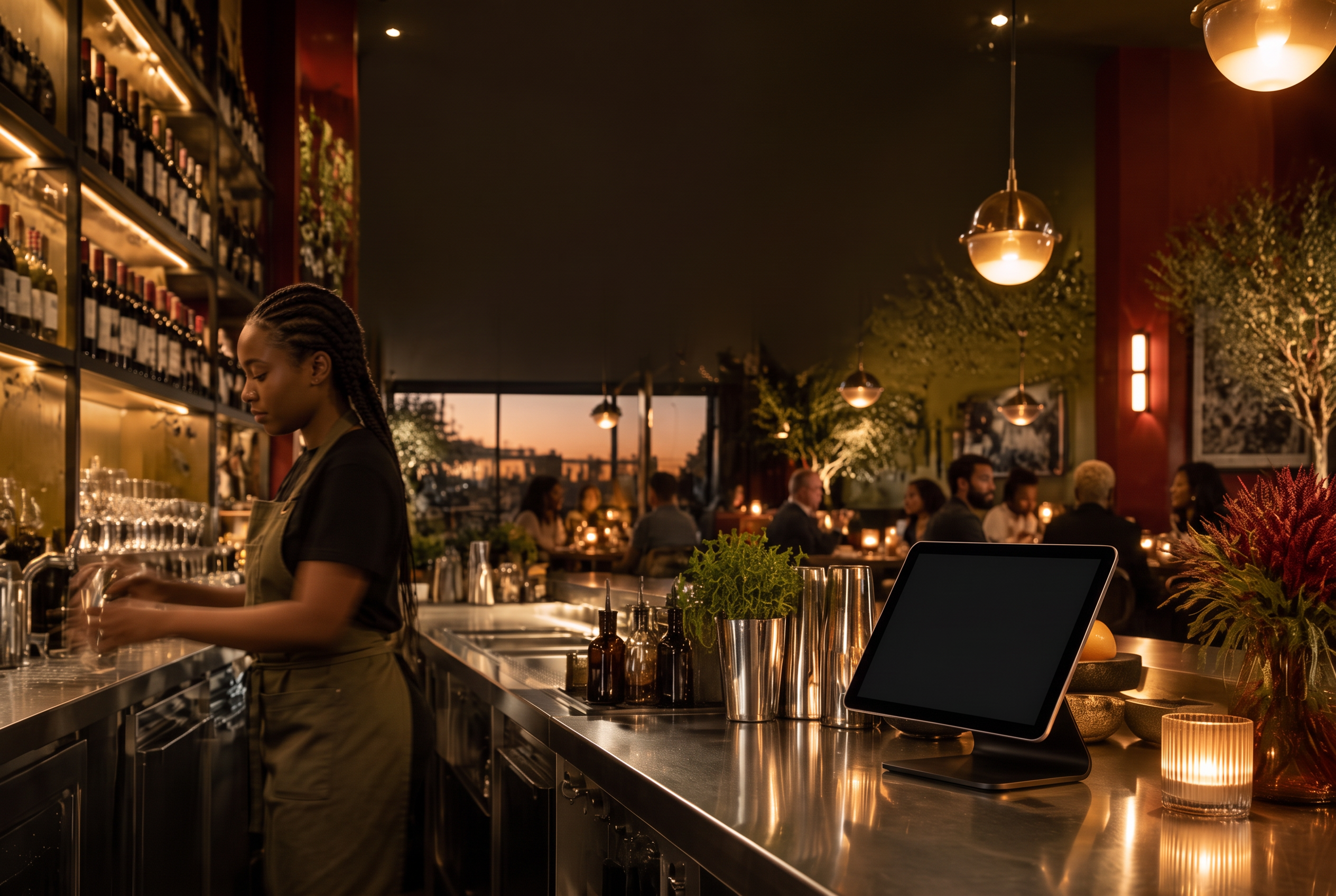 Restaurant team working behind a warmly lit bar with a point-of-sale tablet